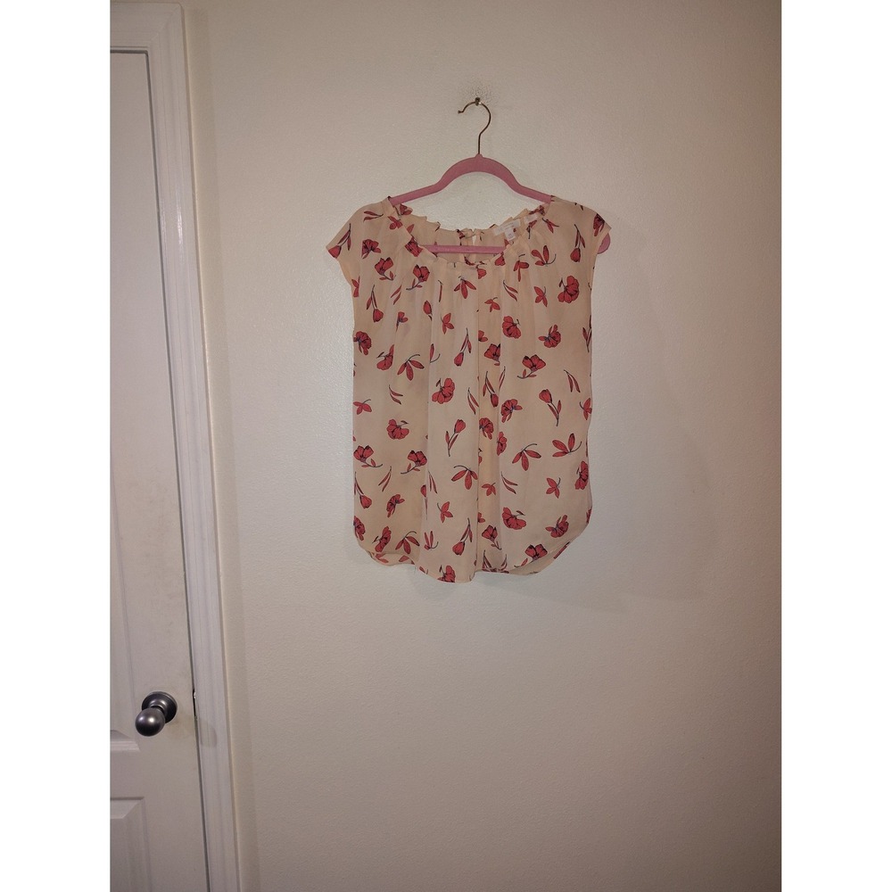 LC Lauren Conrad Womens Cream Red Floral Ruffle Neck Cap Sleeve Blouse Size M
